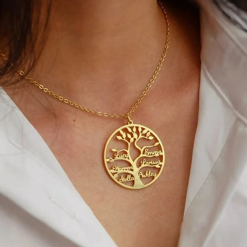 Custom Tree of Life Necklace Personalized Name Ladies Round Gold