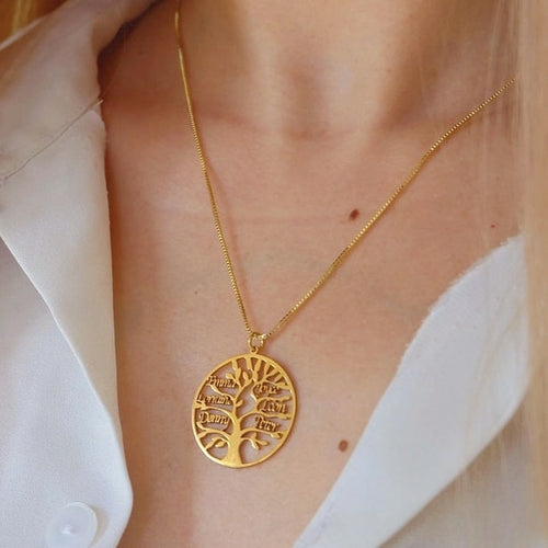 Custom Tree of Life Necklace Personalized Name Ladies Round Gold