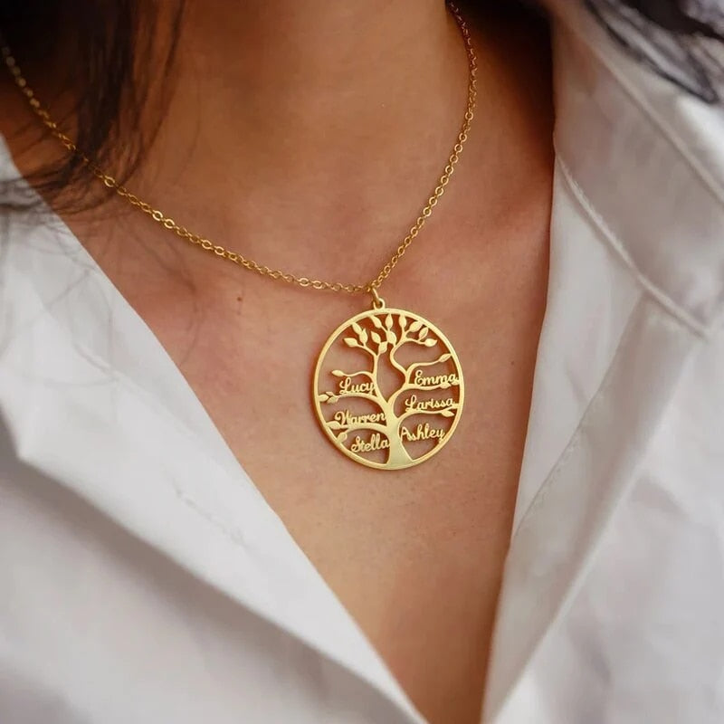 Custom Tree of Life Necklace Personalized Name Ladies Round Gold