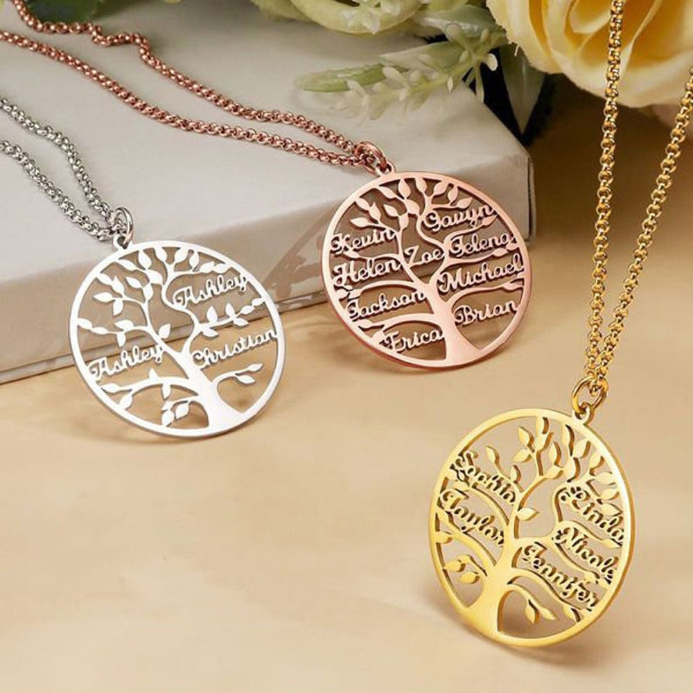 Custom Tree of Life Necklace Personalized Name Ladies Round Gold