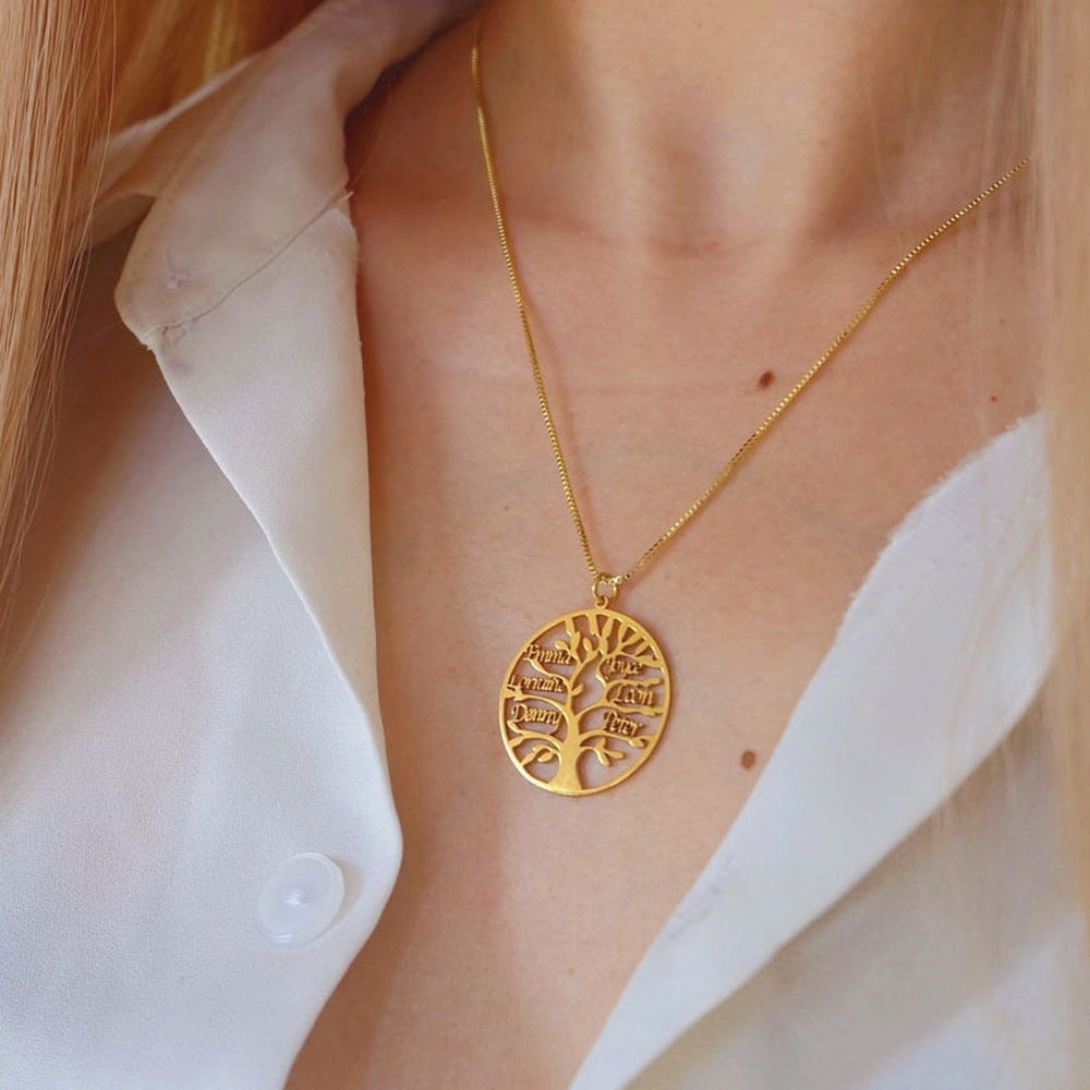 Custom Tree of Life Necklace Personalized Name Ladies Round Gold