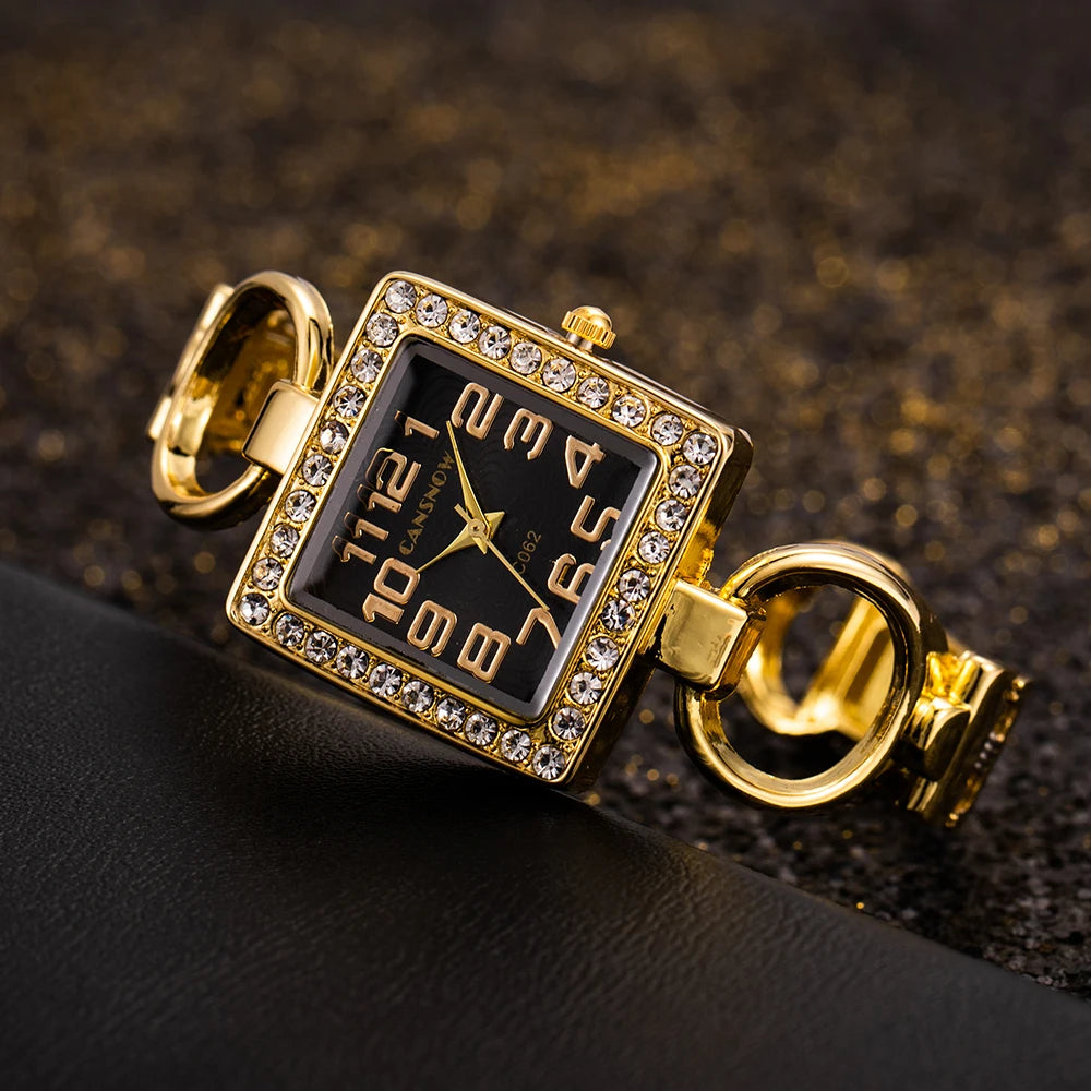 Elegant Gold-Tone Crystal Embellished Square Watch for Women