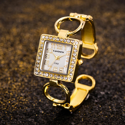 Load image into Gallery viewer, Elegant Gold-Tone Crystal Embellished Square Watch for Women
