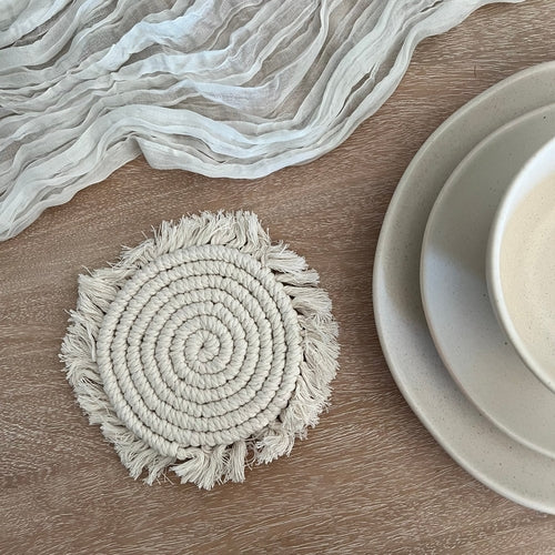 Load image into Gallery viewer, Handmade Boho Cotton Rope Coasters – Round Woven Coasters with Fringe
