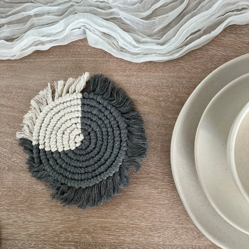 Load image into Gallery viewer, Handmade Boho Cotton Rope Coasters – Round Woven Coasters with Fringe
