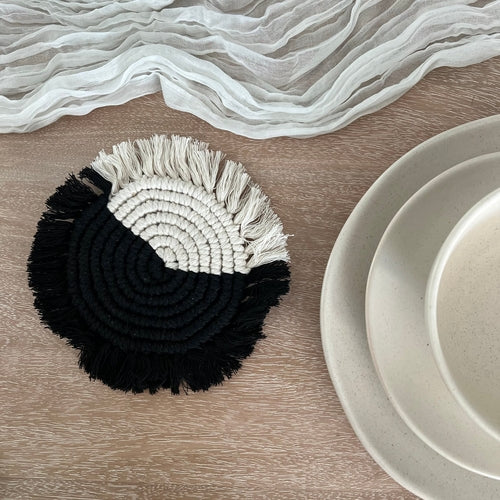 Handmade Boho Cotton Rope Coasters – Round Woven Coasters with Fringe