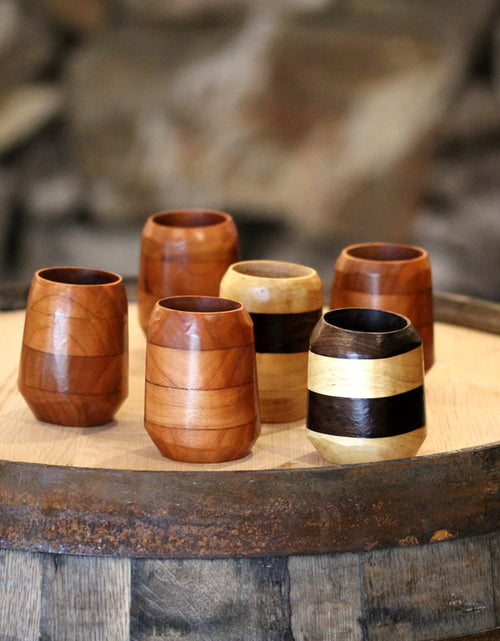 Load image into Gallery viewer, Handcrafted Wooden Shot Glasses – Rustic Barrel-Shaped Drinkware
