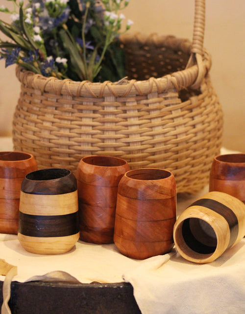 Load image into Gallery viewer, Handcrafted Wooden Shot Glasses – Rustic Barrel-Shaped Drinkware
