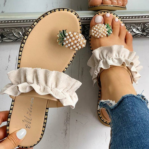 Women's Yellow Ruffle Sandals with Pineapple Embellishments