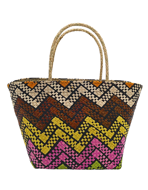 Load image into Gallery viewer, Handwoven Buri Bag with Colorful Chevron Pattern | Eco-Friendly Straw Tote for Summer
