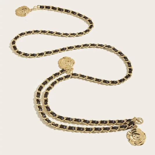 Women's Gold Chain Belt w/ Rose Pendant Charm – Adjustable Waist Chain