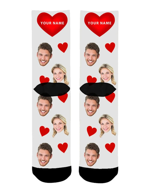 Load image into Gallery viewer, Custom Printed Socks with Couples&#39; Faces and Red Hearts - Personalized
