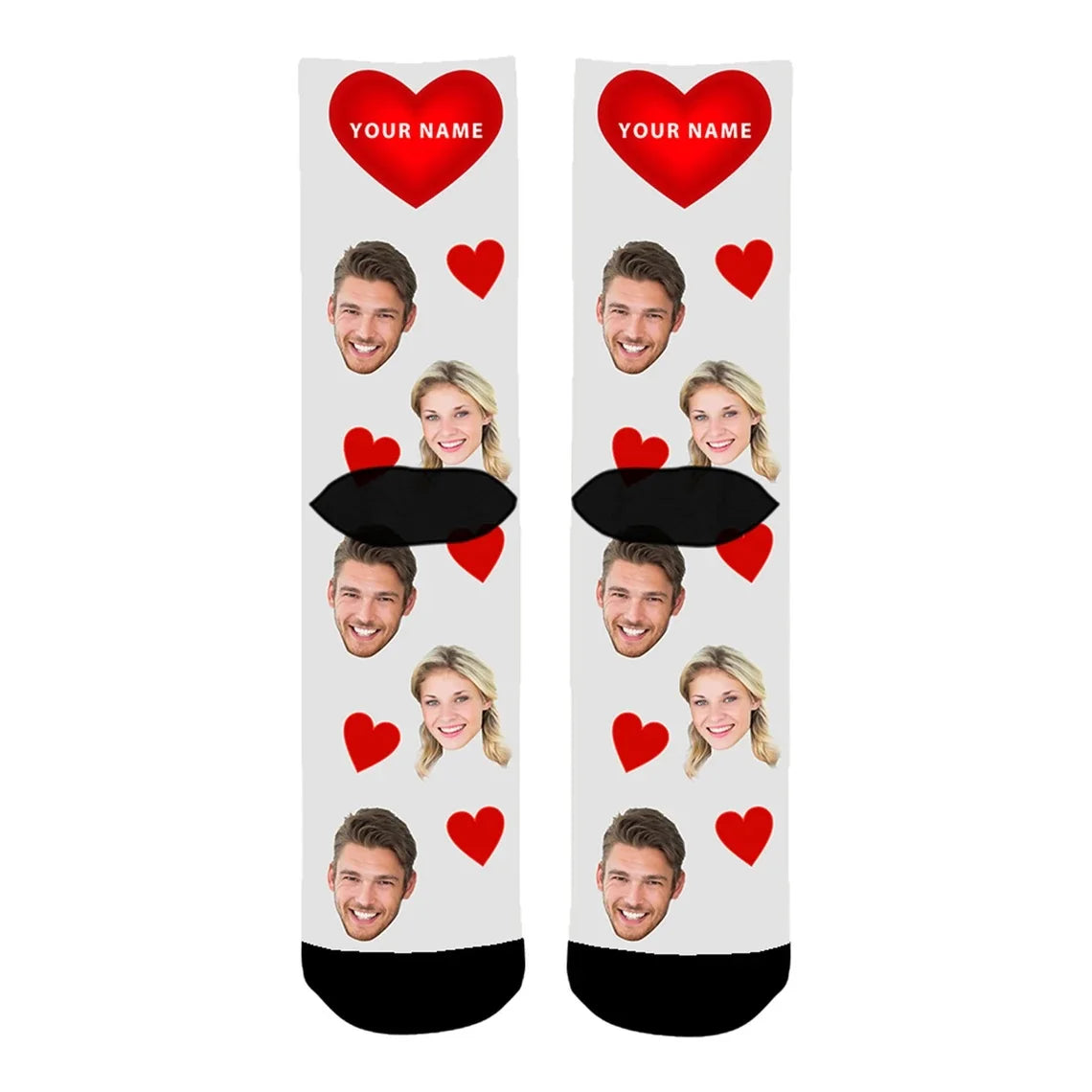 Custom Printed Socks with Couples' Faces and Red Hearts - Personalized