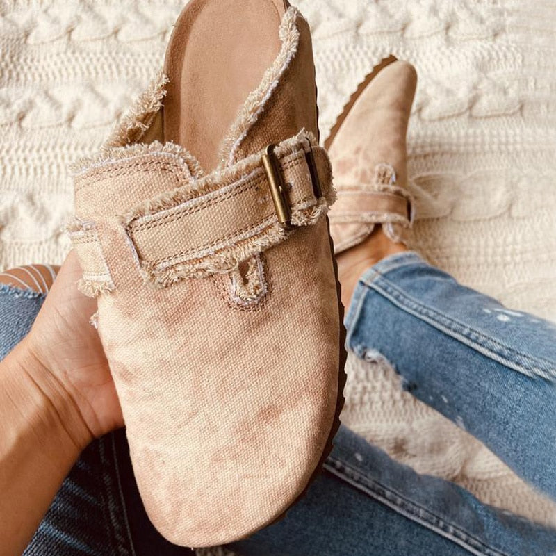 Women's Distressed Canvas Mule Slippers - Casual Slip-On Shoes