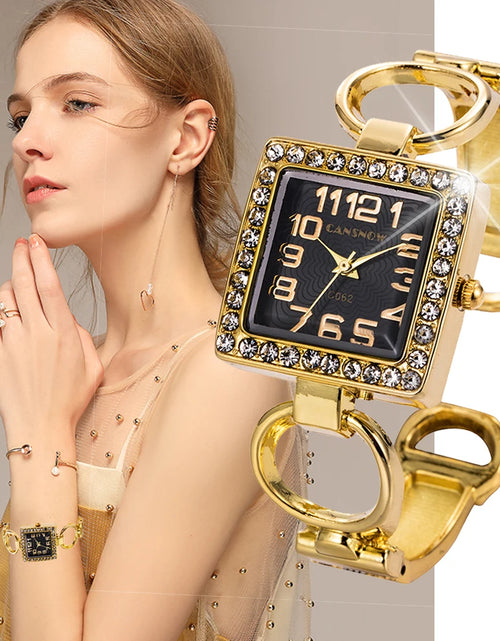 Load image into Gallery viewer, Elegant Gold-Tone Crystal Embellished Square Watch for Women
