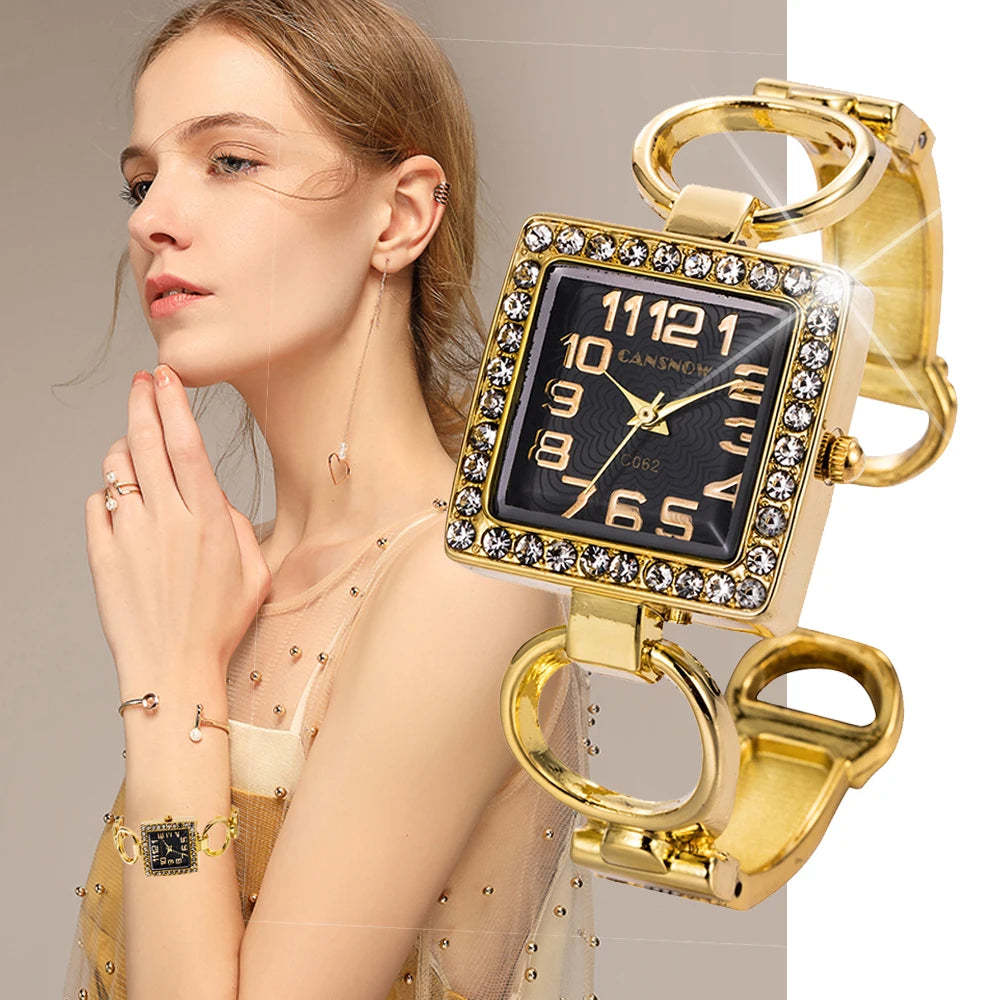 Elegant Gold-Tone Crystal Embellished Square Watch for Women