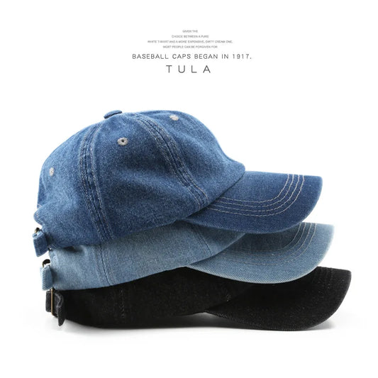 Unisex Denim Baseball Cap - Adjustable Vintage Hat in Blue & Black