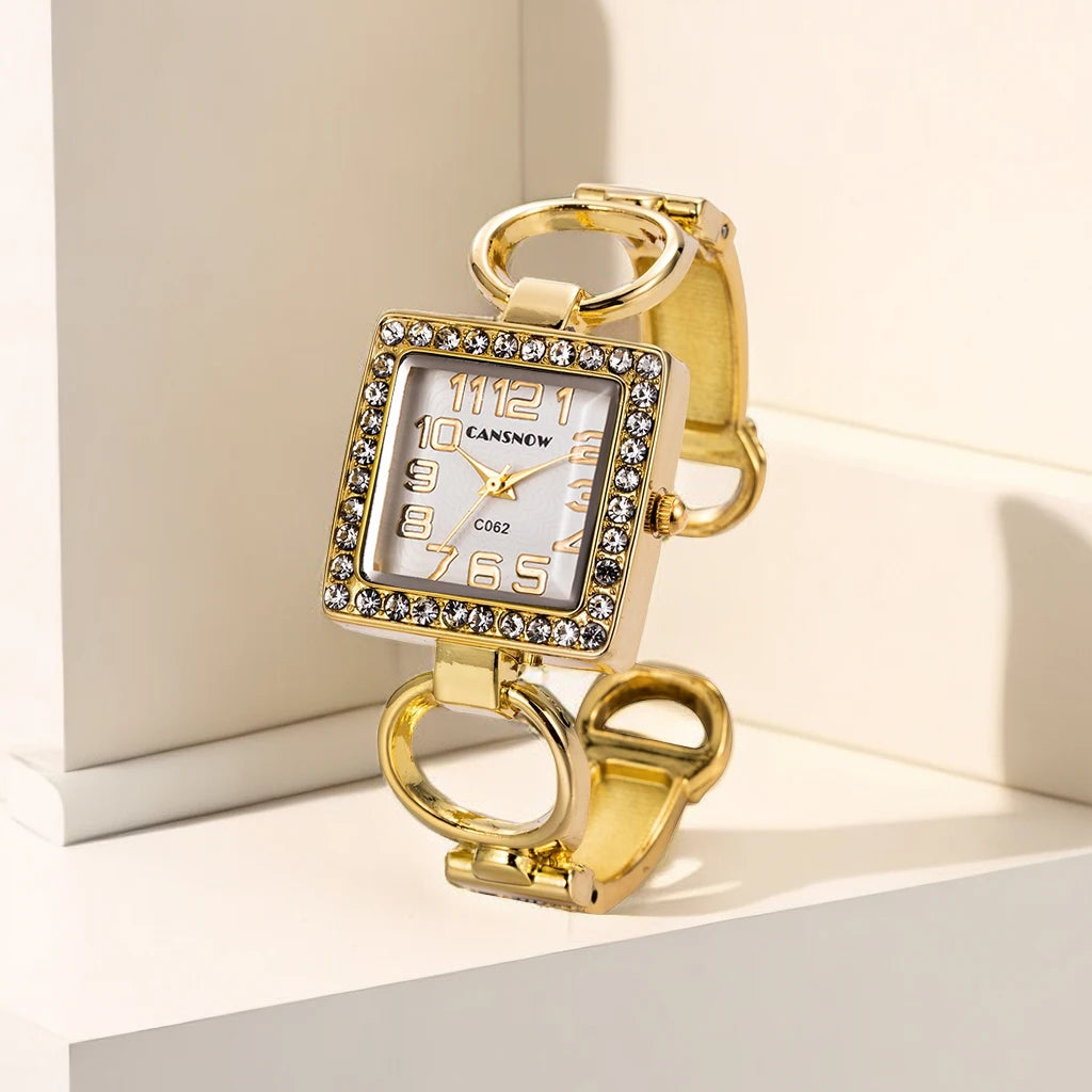 Elegant Gold-Tone Crystal Embellished Square Watch for Women