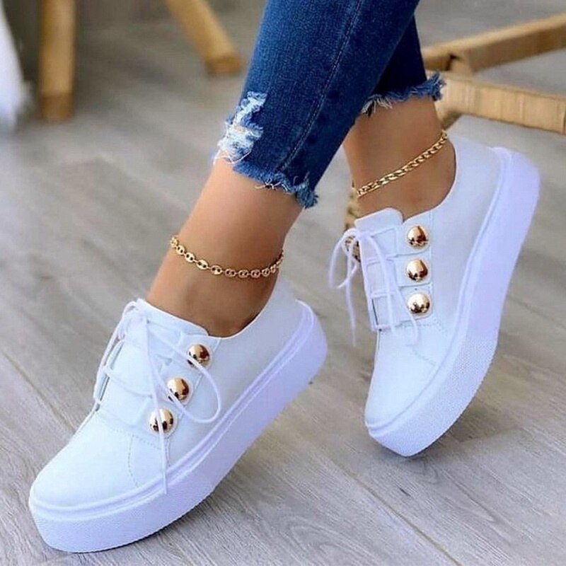 Women's Metallic Platform Sneakers with Decorative Buttons