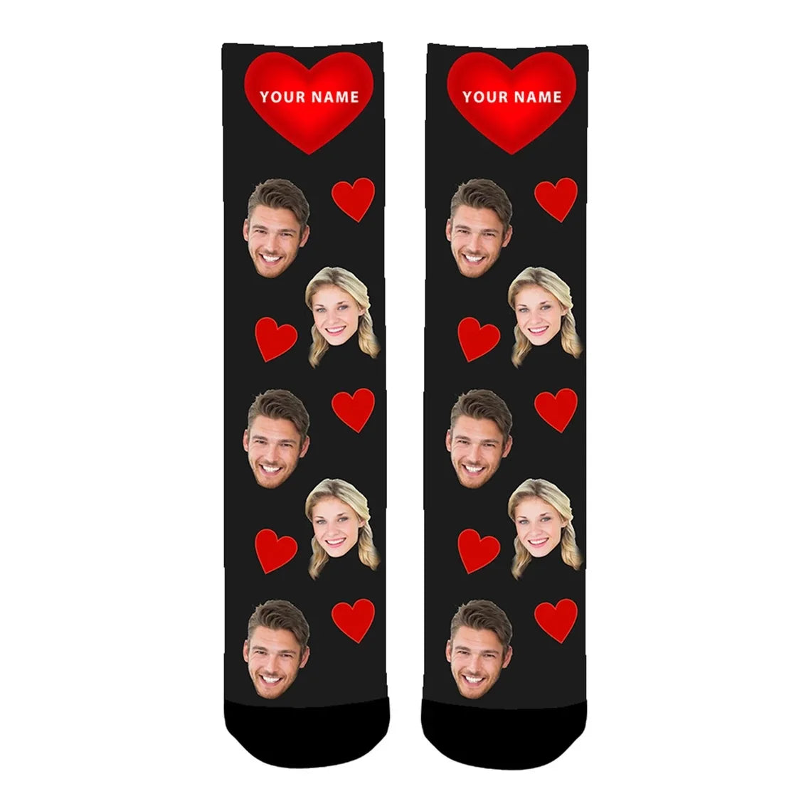 Custom Printed Socks with Couples' Faces and Red Hearts - Personalized