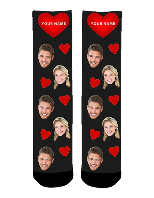 Load image into Gallery viewer, Custom Printed Socks with Couples&#39; Faces and Red Hearts - Personalized
