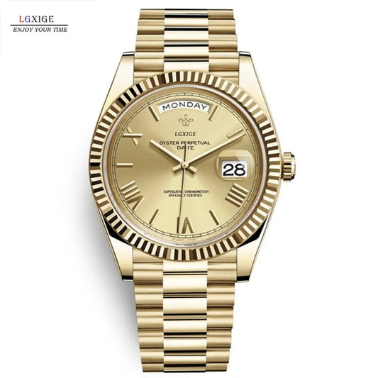 Luxury Gold-Tone Day-Date Quartz Men's Watch with Roman Numerals