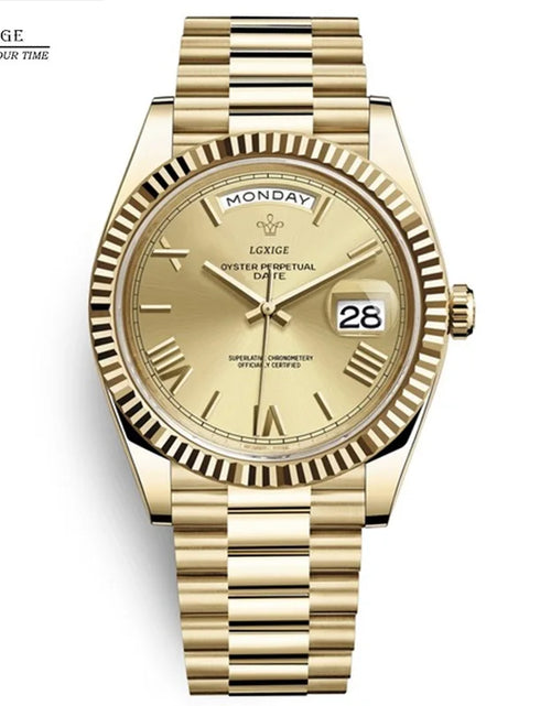 Load image into Gallery viewer, Luxury Gold-Tone Day-Date Quartz Men&#39;s Watch with Roman Numerals
