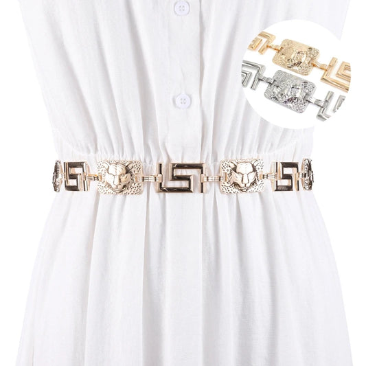 Women's Greek Key Lion Head Chain Belt – Luxurious Metal Waist Belt