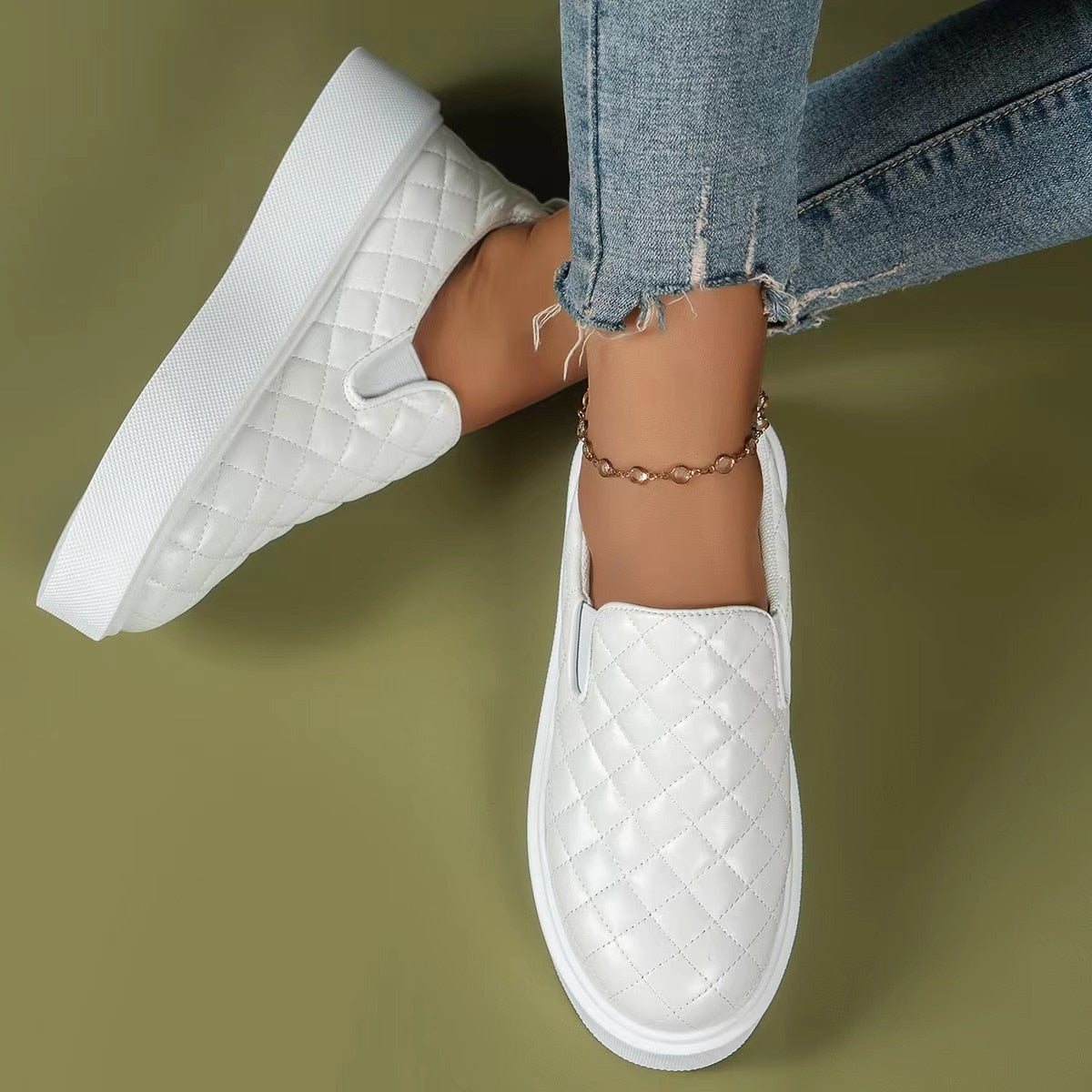 Women's White Quilted Slip-On Sneakers