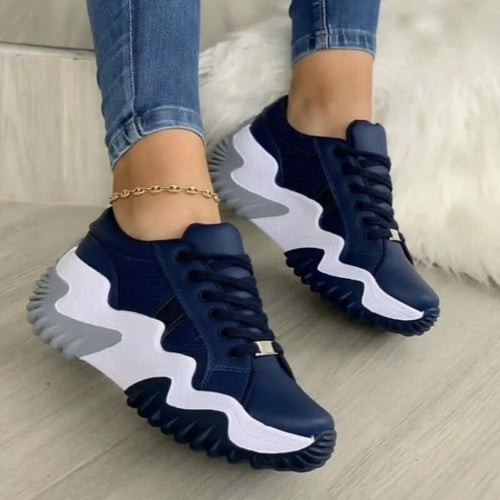 Load image into Gallery viewer, Women&#39;s Chunky Wave Sole Sneakers | White and Navy Blue Shoes
