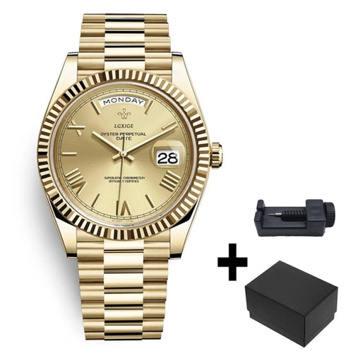 Load image into Gallery viewer, Luxury Gold-Tone Day-Date Quartz Men&#39;s Watch with Roman Numerals
