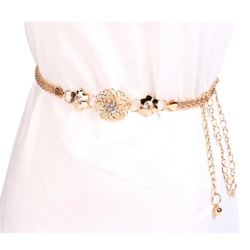 Women's Floral Chain Belt with Rhinestone Flower Charm