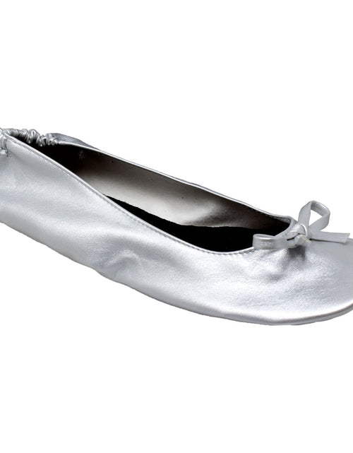 Load image into Gallery viewer, Women&#39;s Silver Satin Ballet Flats with Bow | Slip-On Ballerina Shoes
