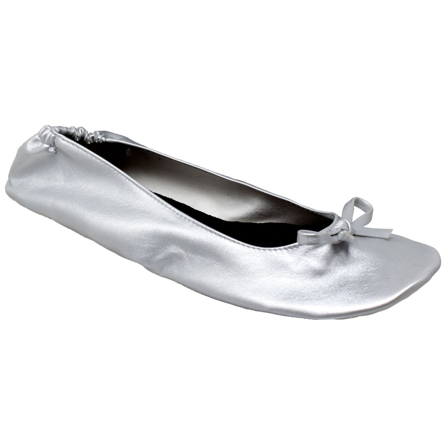 Women's Silver Satin Ballet Flats with Bow | Slip-On Ballerina Shoes