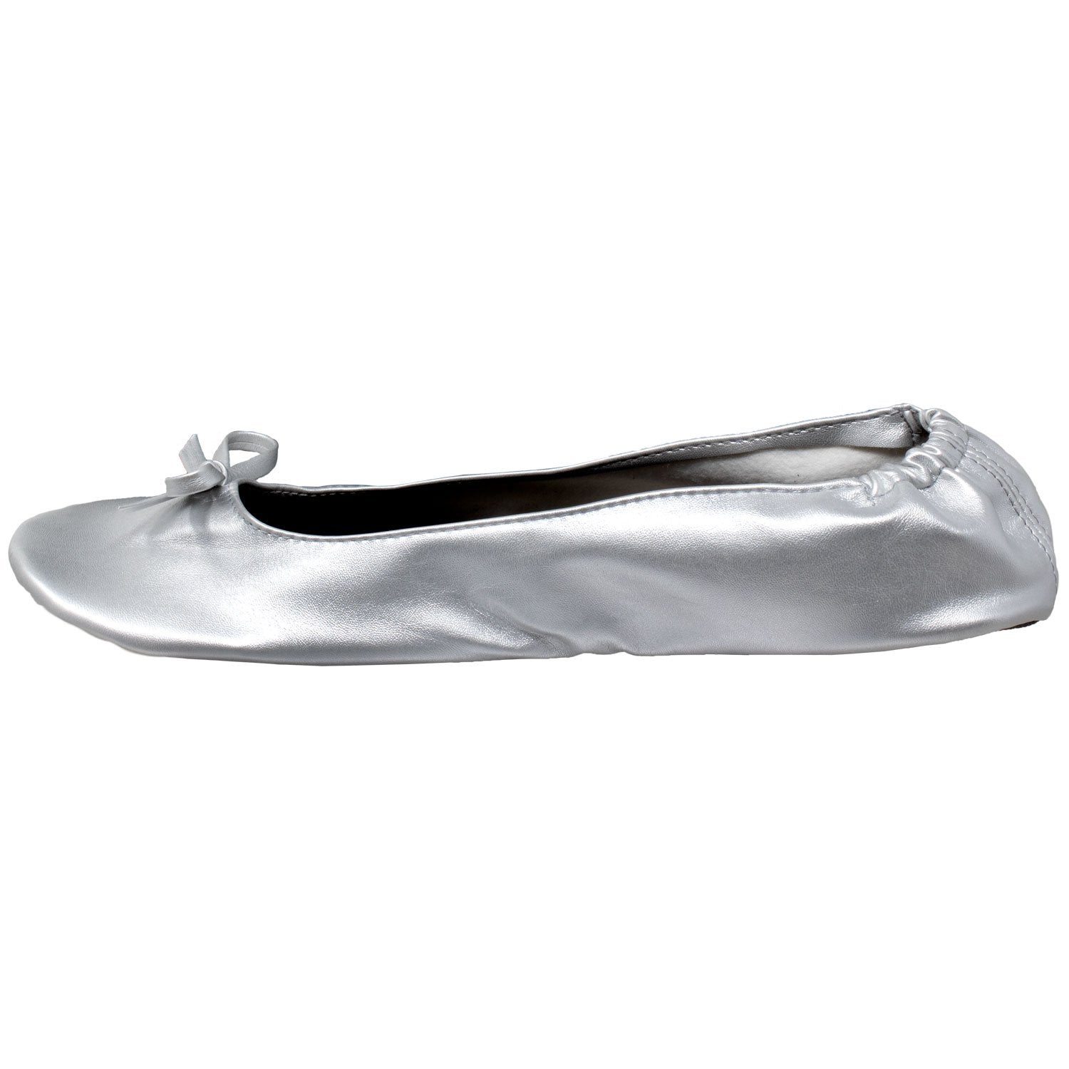 Women's Silver Satin Ballet Flats with Bow | Slip-On Ballerina Shoes