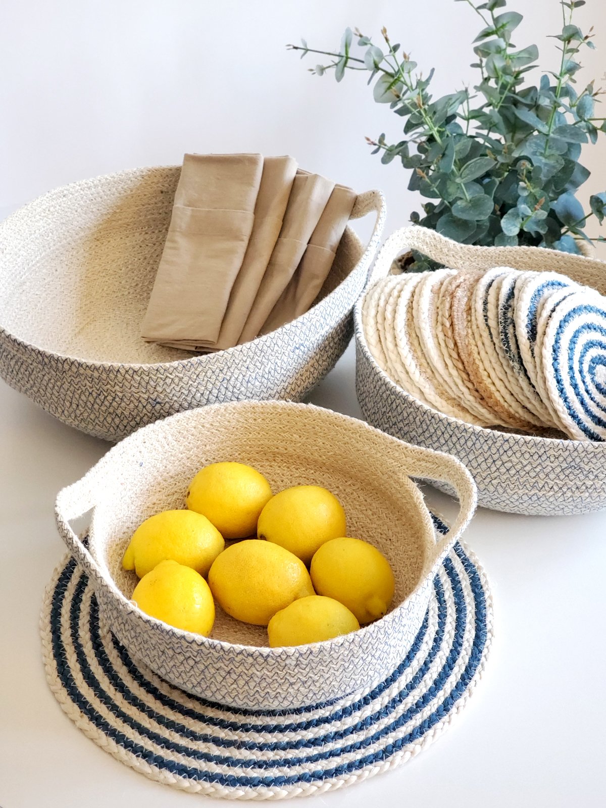 Round Woven Storage Baskets with Handles – Handcrafted Cotton Rope