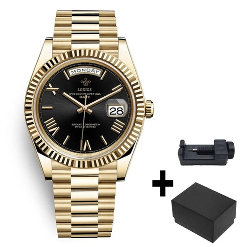 Load image into Gallery viewer, Luxury Gold-Tone Day-Date Quartz Men&#39;s Watch with Roman Numerals
