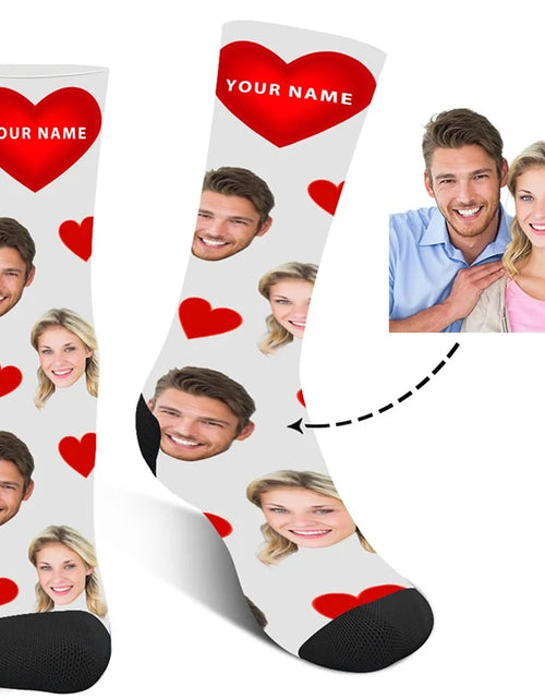 Load image into Gallery viewer, Custom Printed Socks with Couples&#39; Faces and Red Hearts - Personalized
