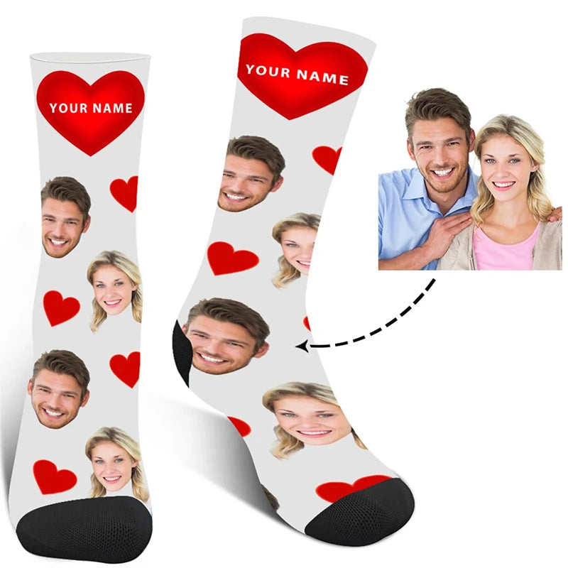 Custom Printed Socks with Couples' Faces and Red Hearts - Personalized