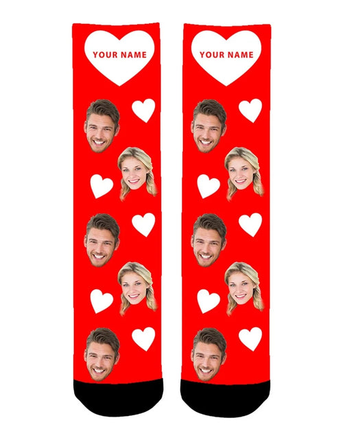 Load image into Gallery viewer, Custom Printed Socks with Couples&#39; Faces and Red Hearts - Personalized
