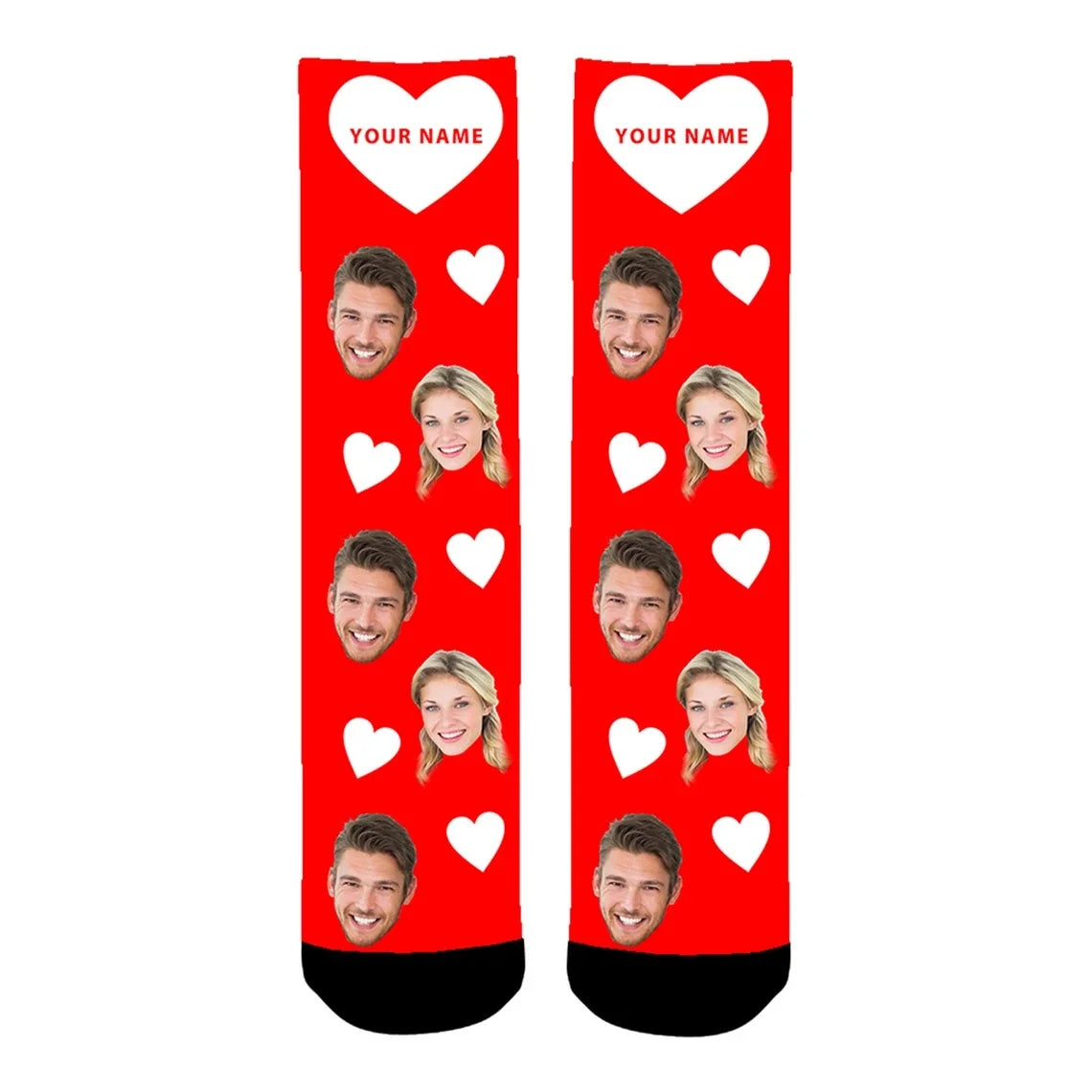 Custom Printed Socks with Couples' Faces and Red Hearts - Personalized