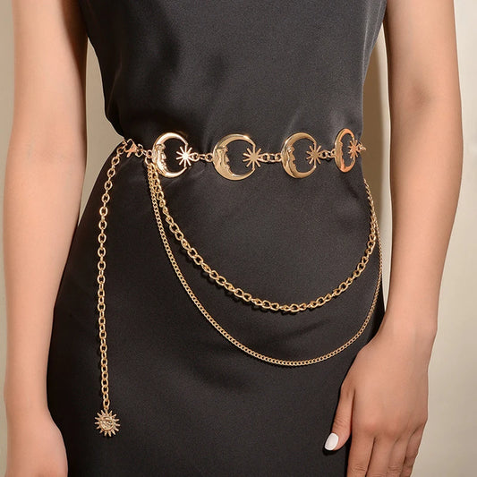 Women's Moon Phase Waist Chain Belt with Sun and Star Charms