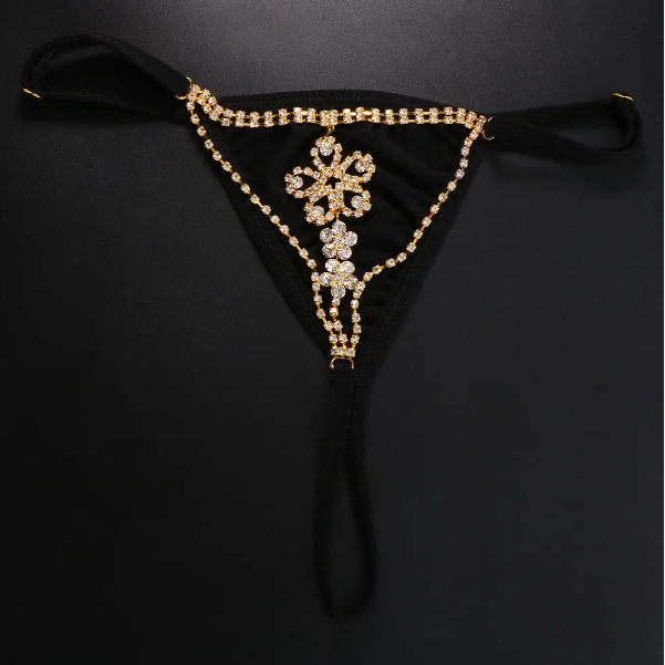 **Delicate Hollow Flower Rhinestone Thong - Sexy Waist Chain Lingerie**