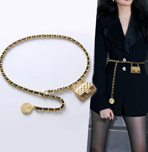 Luxury Gold Chain Belt with Mini Quilted Bag – Statement Waist Accessory for Elegant Outfits