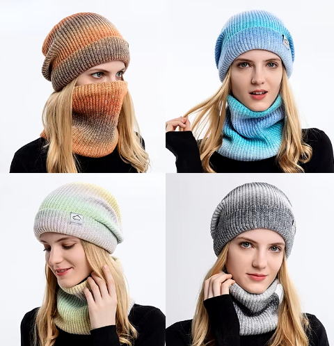 Cozy Knit Beanie and Neck Warmer Set – Gradient Color Winter Hat for Women