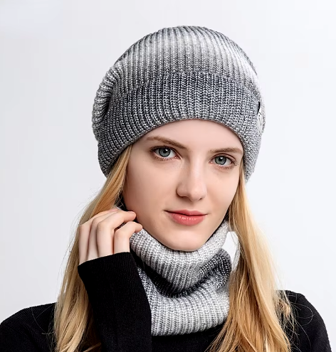 Cozy Knit Beanie and Neck Warmer Set – Gradient Color Winter Hat for Women