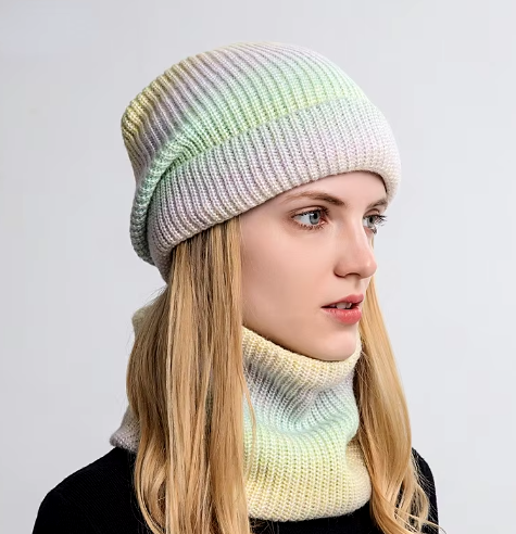 Cozy Knit Beanie and Neck Warmer Set – Gradient Color Winter Hat for Women