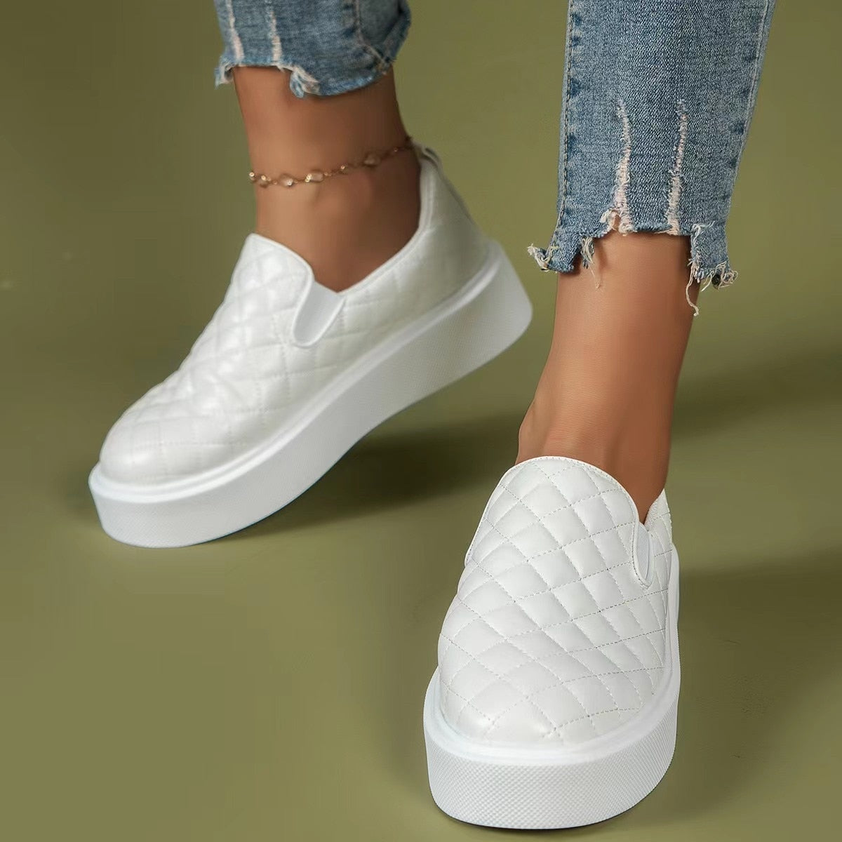 Women's White Quilted Slip-On Sneakers