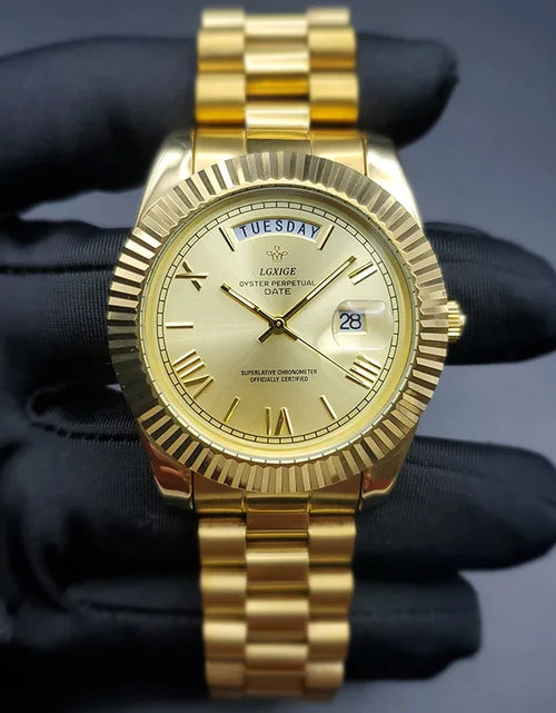 Load image into Gallery viewer, Luxury Gold-Tone Day-Date Quartz Men&#39;s Watch with Roman Numerals
