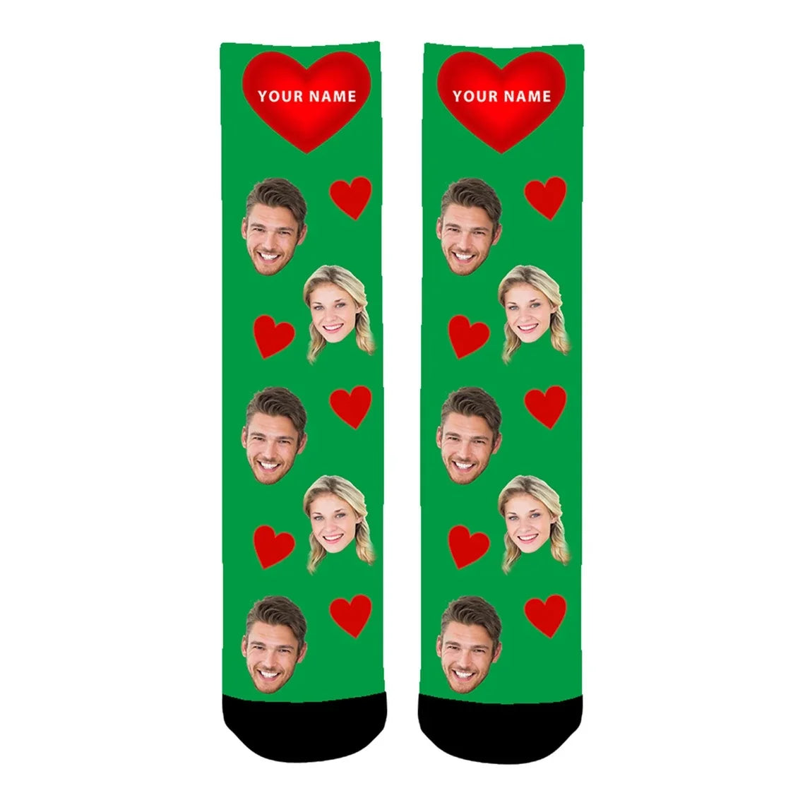 Custom Printed Socks with Couples' Faces and Red Hearts - Personalized